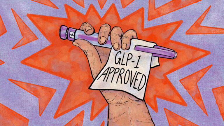 This illustration shows a raised hand that's gripping a purple pen injector that's horizontally oriented. A piece of paper that's draped over the pen says: