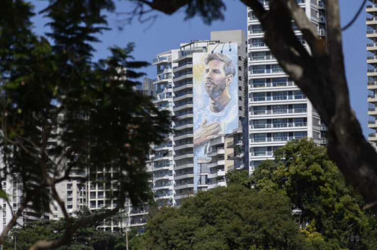 A mural of Argentine footballer Lionel Messi is seen on a residential building in Rosario, Santa Fe province, Argentina, on April 30, 2026.