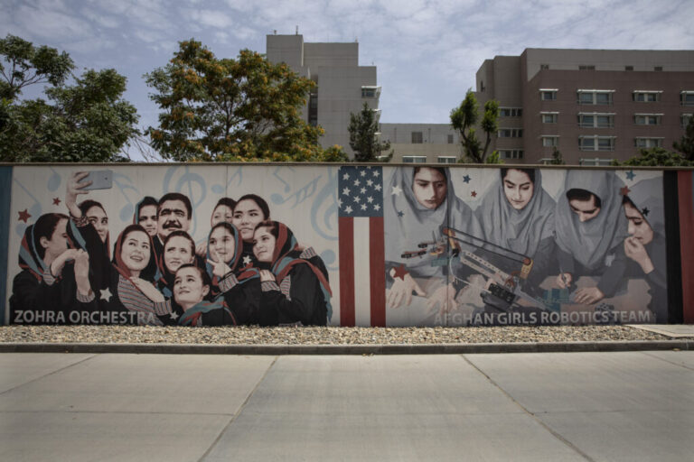 Murals are seen along the walls at a quiet U.S embassy on July 30, 2021 in Kabul, Afghanistan.