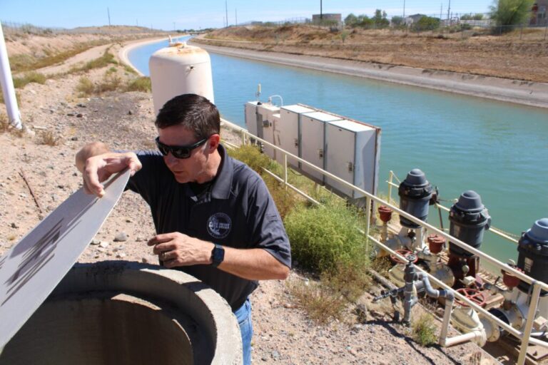 Shawn Kreuzwiesner, utilities director for the Town of Cave Creek, visits the town's pump system in Phoenix on March 27, 2026. Nearly all of the town's water flows through the pumps, which draw Colorado River water from the Central Arizona Project.