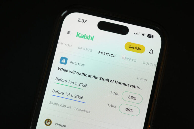 The prediction market app Kalshi is displayed on a mobile phone Thursday, April 16, 2026, in Chicago.