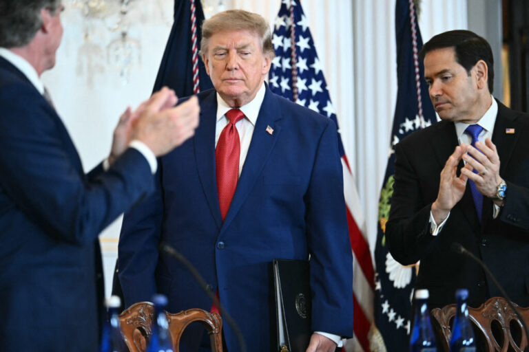 US President Donald Trump arrives to participate in a roundtable on the American mining industry at the US Department of State in Washington, DC.