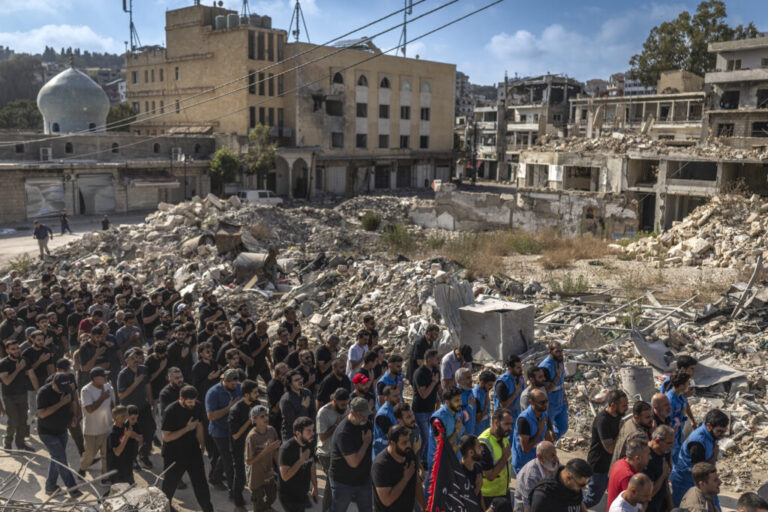 An Ashura procession passes through empty, shattered streets of Nabatiyeh, Lebanon, where nearly the entire city has been displaced by Israeli bombardments and evacuation orders.