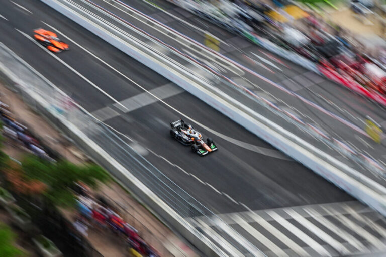 Drivers race on the track during the Freedom 250 Grand Prix IndyCar series race.