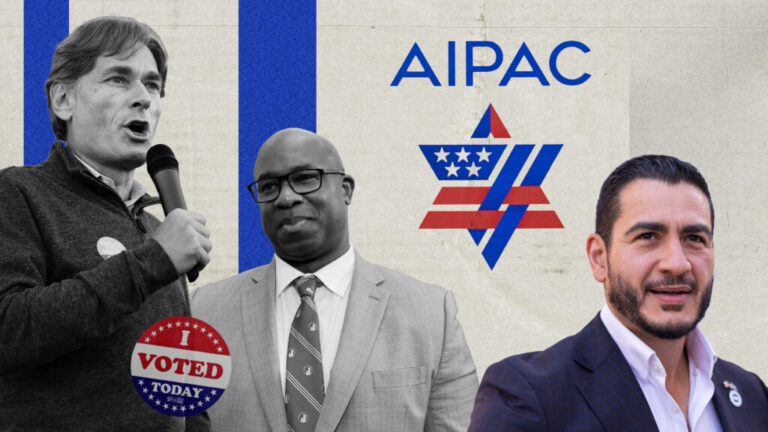 This collage shows former U.S. Representatives Tom Malinowski and Jamaal Bowman with U.S. Senate candidate Abdul El-Sayed. The AIPAC logo is behind them, and a