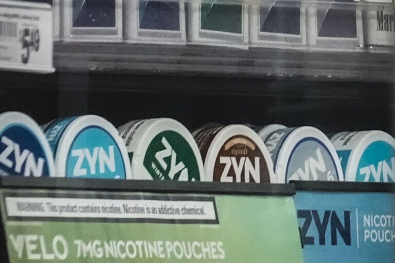 Containers of Zyn, a smokeless nicotine pouch, are displayed for sale among other nicotine and tobacco products at a newsstand in New York on Feb. 23, 2024.