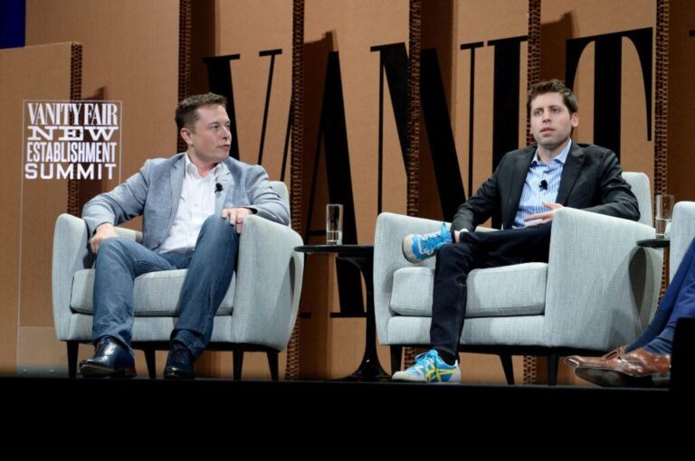 Elon Musk and Sam Altman speak at the Vanity Fair New Establishment Summit at Yerba Buena Center for the Arts on Oct. 6, 2015, in San Francisco.