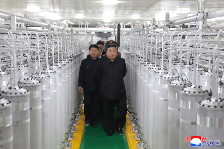 In this photo provided by the North Korean government, its leader Kim Jong Un, front right, visits a new facility to produce nuclear bomb fuels at an undisclosed place in North Korea Wednesday, June 3, 2026. Independent journalists were not given access to cover the event depicted in this image distributed by the North Korean government. The content of this image is as provided and cannot be independently verified. Korean language watermark on image as provided by source reads:
