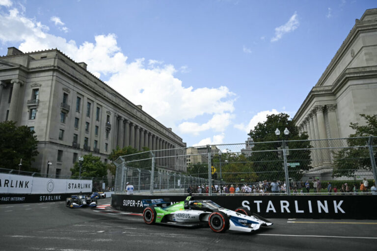 Brazilian driver #4 Caio Collet races during the IndyCar Freedom 250 Grand Prix.