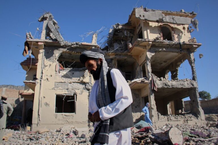 Residents walk through the rubble after what Taliban officials said were Pakistani airstrikes a day earlier that killed civilians, including children, in the village of Mandokhail, Chamkani district, Paktia province, Afghanistan, Monday, June 29, 2026.