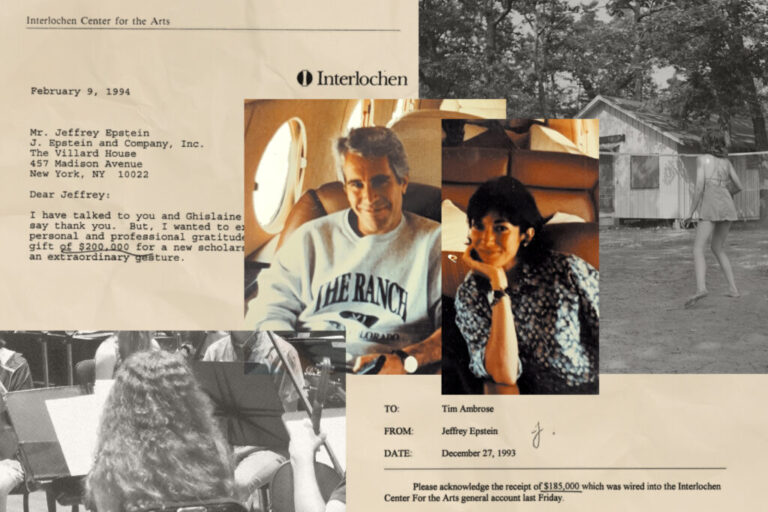 This collage shows photos of Jeffrey Epstein and Ghislaine Maxwell on a plane, as well as black-and-white photos of students playing in an orchestra and a girl near a cabin. There are also fragments of documents showing over $350,000 in donations from Epstein to the Interlochen Center for the Arts.
