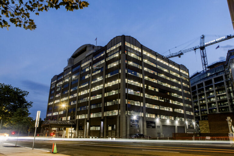 A long exposure photograph of cars passing 445 12th st SW, Washington DC on July 28, 2026.