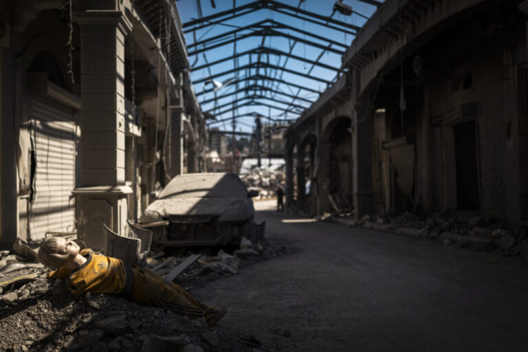 Extensive destruction in the historic old market of Nabatiyeh, Lebanon, in a largely emptied city surrounded by damaged buildings. Nearly all of Nabatiyeh's 80,000 residents have been displaced due to Israeli bombardments and evacuation orders.