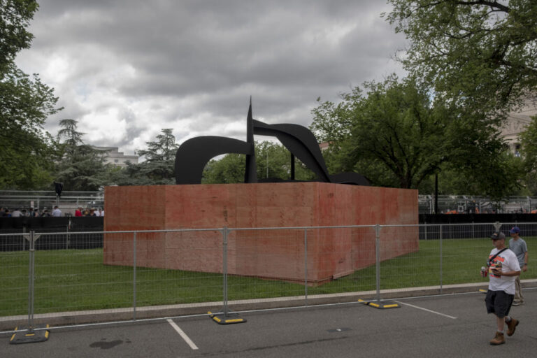 A sculpture by Alexander Calder is barricaded at the entrance to the National Gallery of Art during the Freedom 250 Grand Prix on Aug. 22, 2026.