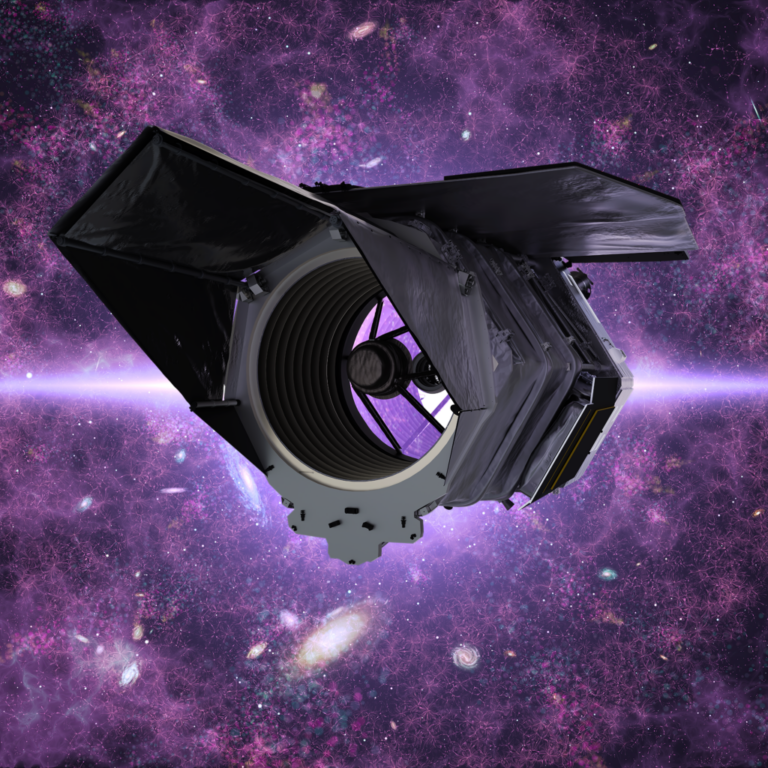 An illustration of a black satellite floats in space. It has an open circular center. The background is a cloud of vivid purple  with pink dendritic connections, all over blackness. Galaxies and stars are sprinkled across the background.