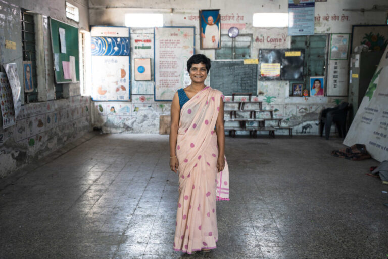 Sandhya Janardhan, 43, an architect at Community Design Agency, who works with Snehalaya and has been intrsumental in this project. Here, she is photographed in balvadi in the heart of the slum—one of seven community recreational centers set up by the state government and assigned to be run by Snehalaya. It was a place for children to gather after school, for play and for creating art. Her modest office is in balvadi as well.