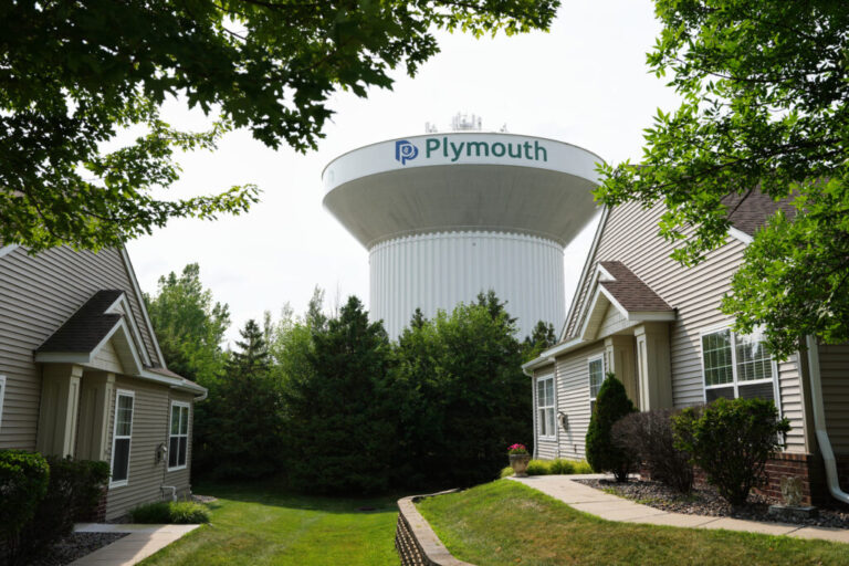 A water tower is seen on July 30 in Plymouth, Minn. A cyberattack targeted the operating technology at over 30 water systems in Minnesota, including Plymouth's late last month, state officials said.