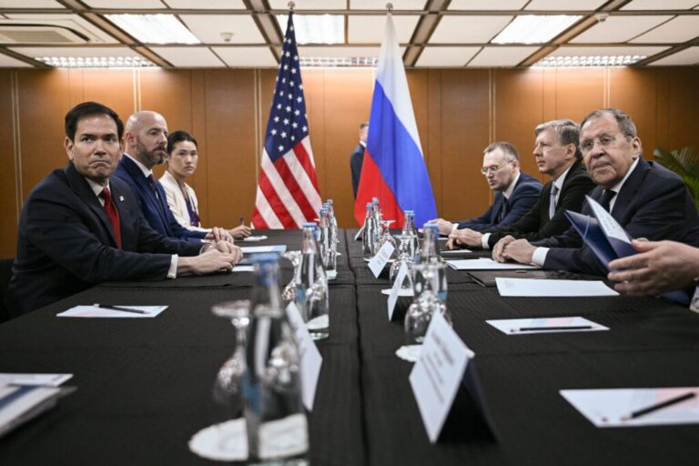 U.S. Secretary of State Marco Rubio, left, attends a meeting with Russia's Foreign Minister Sergey Lavrov, right, on the sidelines of the Association of Southeast Asian Nations (ASEAN) Foreign Ministers Meeting in Pasay, Metro Manila on Thursday, July 23, 2026.