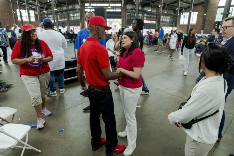 Haley Stevens speaks and interacts with voters at Councilwoman Mary Waters’ 5th Annual Senior Summer Sizzler event on July 28, 2026 at Eastern Market in Detroit, Mich.