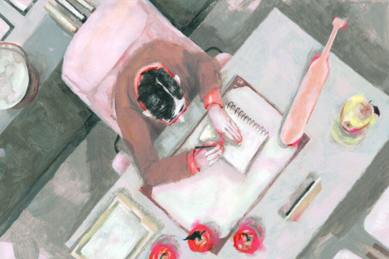 An illustration of a school administrator working at their desk, which has apples and a paddle on it.