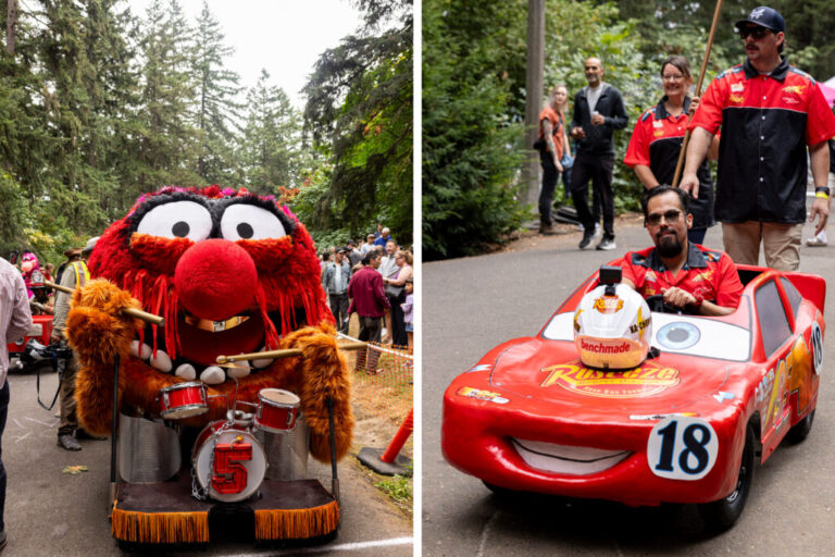 A soapbox modeled after the Muppets' Animal; a Lightning McQueen-themed soapbox car at the Portland Adult Soapbox Derby at Mt. Tabor Park on August 15, 2026 in Portland, Ore.