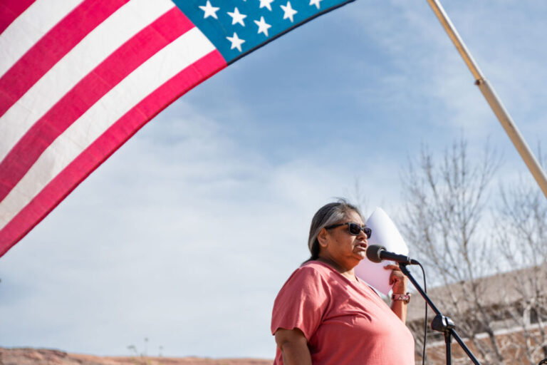 Yolanda Badback, whose family has been fighting the White Mesa Mill in southeastern Utah for decades, speaks at a No Kings rally in Moab, Utah, on March 28.