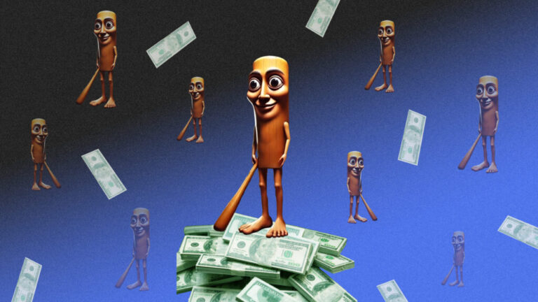 This collage shows an AI character named Tung Tung Sahur, which looks like a tree trunk with a face and limbs and is carrying a wooden bat, while standing on a pile of $100 bills. Multiple smaller versions of the character are in the background, along with falling $100 bills.