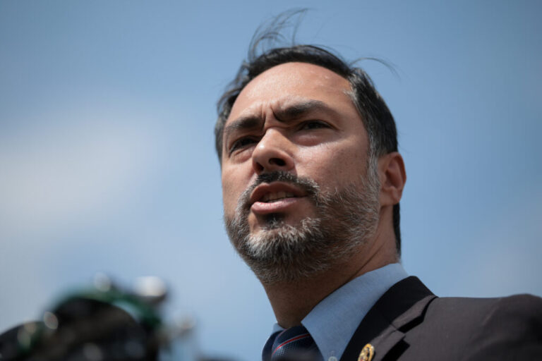 U.S. Rep. Joaquin Castro (D-TX) speaks outside the U.S. Capitol during a press conference held by the Congressional Hispanic Caucus on April 30, 2025 in Washington, DC.