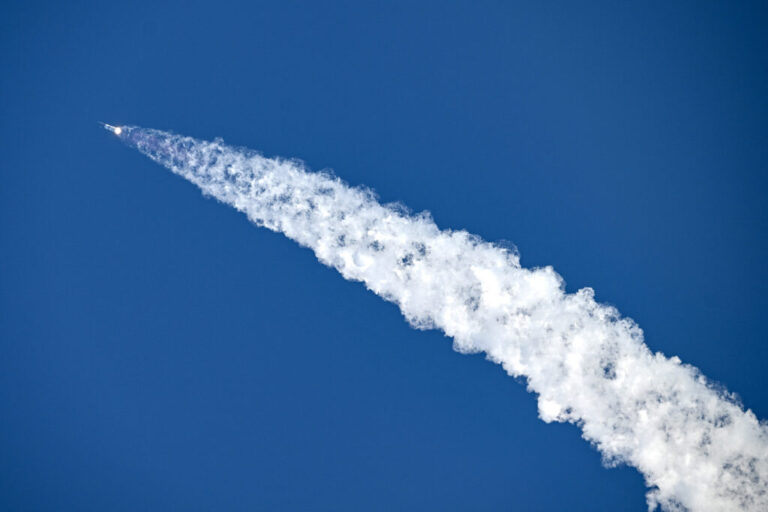 SpaceX's Starship 39 rocket launches from Starbase during the 12th test flight as seen from South Padre Island, Texas, on May 22, 2026.