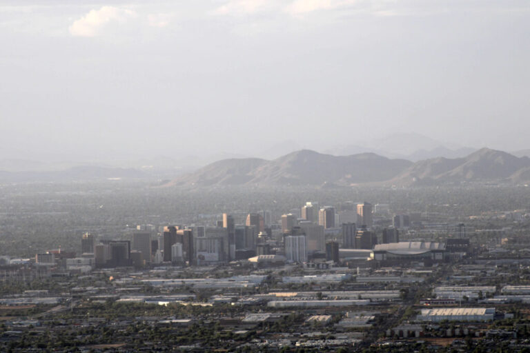 A photo of the Phoenix skyline taken from South Mountain Park and Preserve on April 26, 2026.