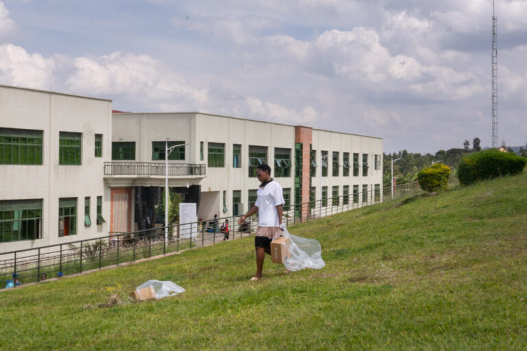 Zipline drones drop packages from the sky which are filled with medicines at Kabgayi Hospital in Rwanda. Pharmacist Juliette Ishimwe collects them to bring back to the pharmacy.