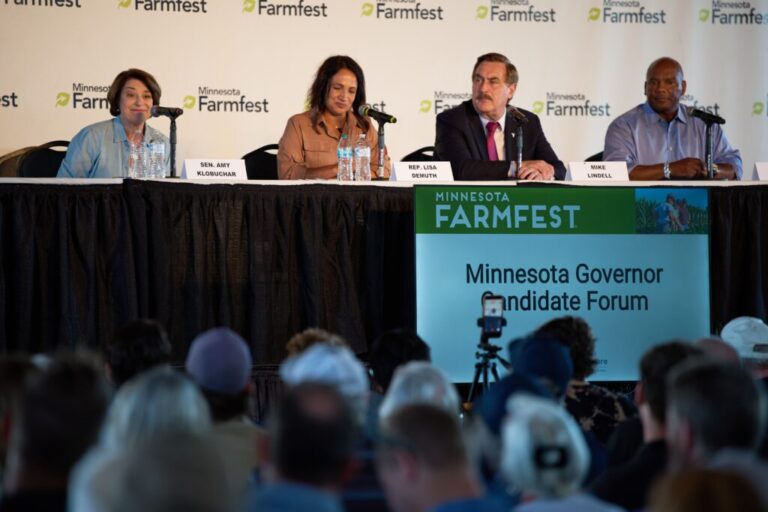 Four people, two women on the left and two men to the right, sit behind a table up on a state. The sign on the stage says,