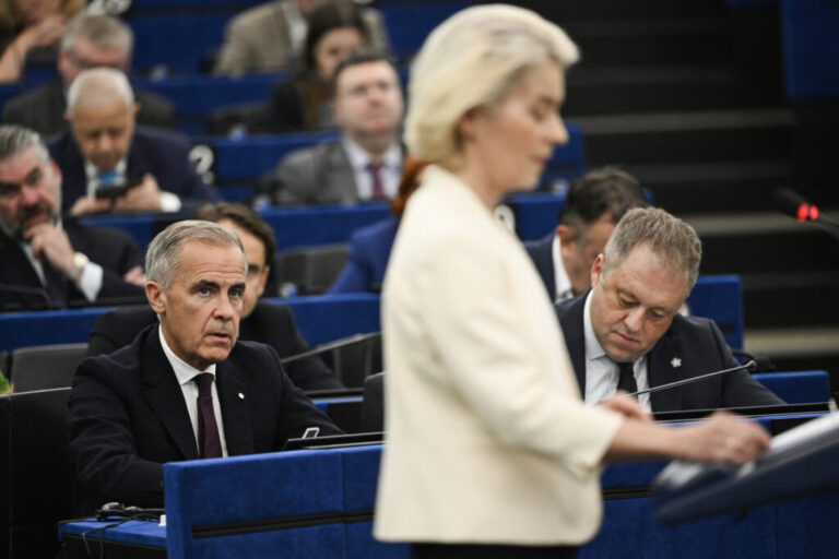 Canadian Prime Minister Mark Carney listens to European Commission President Ursula von der Leyen during her annual State of the Union address at the European Parliament in Strasbourg, France, on Sept. 16, 2026. Von der Leyen proposed opening the door for Canada to become the EU's first