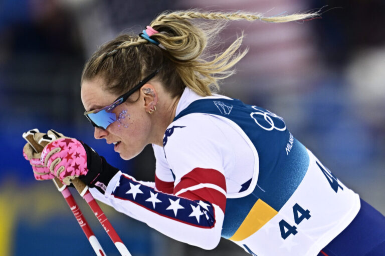 USA's Jessie Diggins takes the start of the women's cross-country skiing 10km interval start free event of the Milano Cortina 2026 Winter Olympic Games at Tesero Cross-Country Skiing Stadium in Lago di Tesero (Val di Fiemme), on February 12, 2026.