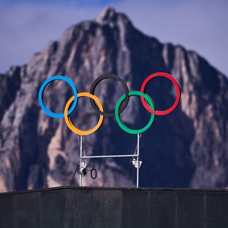 Olympics Rings are seen above the Cortina Curling Olympic Stadium ahead to the Olympic Winter Games Milano Cortina 2026