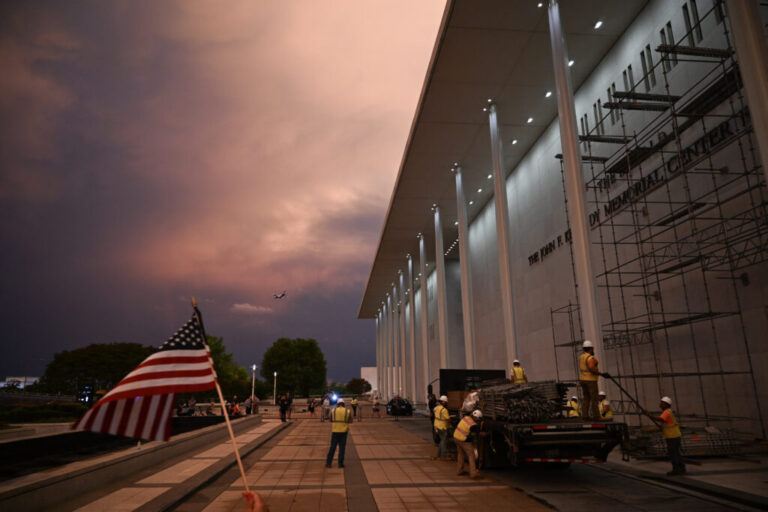 Workers build scaffolding on The Kennedy Center on June 12, 2026.