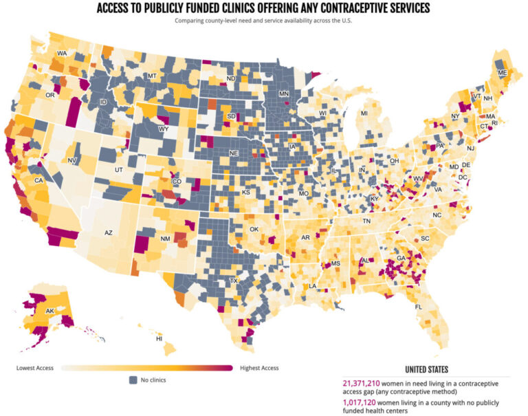 An interactive map from Power to Decide shows to what degree publicly-funded contraceptive services meet local needs. Counties in red have the highest access, according to this analysis, and the lightest yellow counties have the lowest. In the counties in gray, no publicly-funded clinics offer contraceptive services.