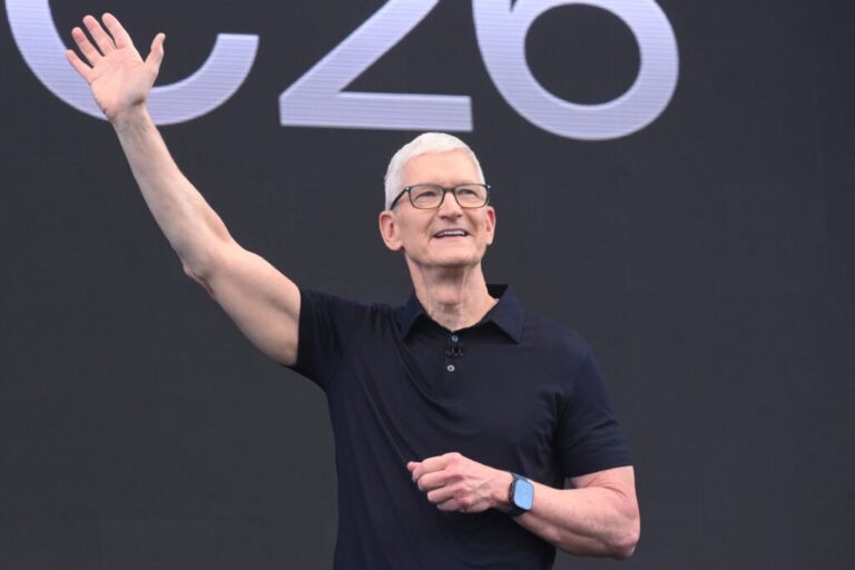 CEO Tim Cook waves during the annual World Wide Developers Conference at Apple's headquarters in Cupertino, Calif., Monday, June 8, 2026.
