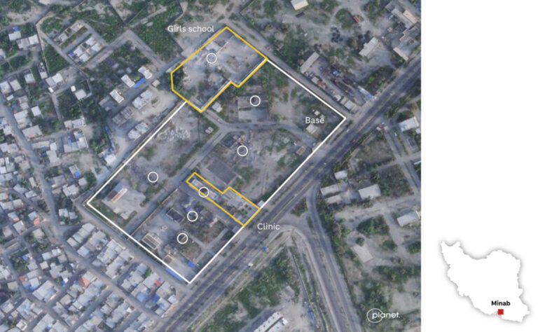 Annotated satellite image showing the site of the strikes in Minab, Iran