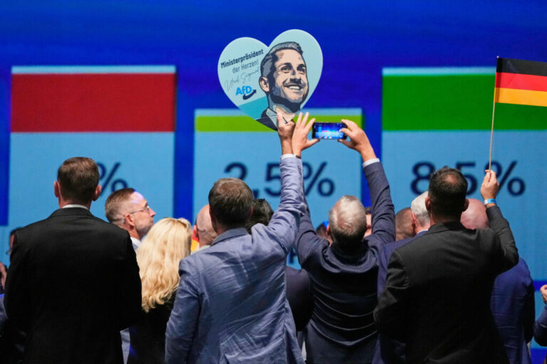 AfD supporters celebrate with a sign featuring top candidate Ulrich Siegmund after the first results of the Saxony-Anhalt state election at the party’s election night gathering in Magdeburg, Germany, Sunday, Sept. 6, 2026.
