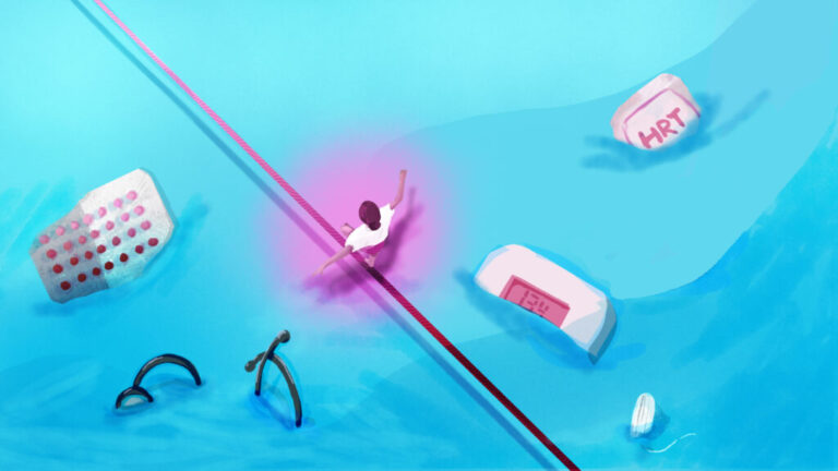 A woman walking a tightrope over water, with various medical supplies floating around her