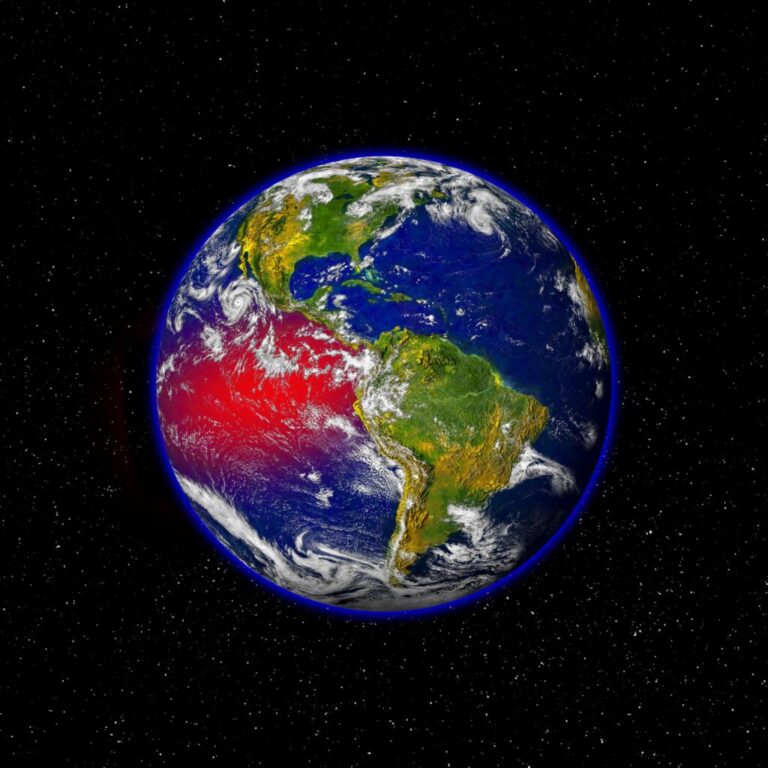 Planet Earth against a black starry background. A large area west/left of South America and south of/below North America has a red overlay.