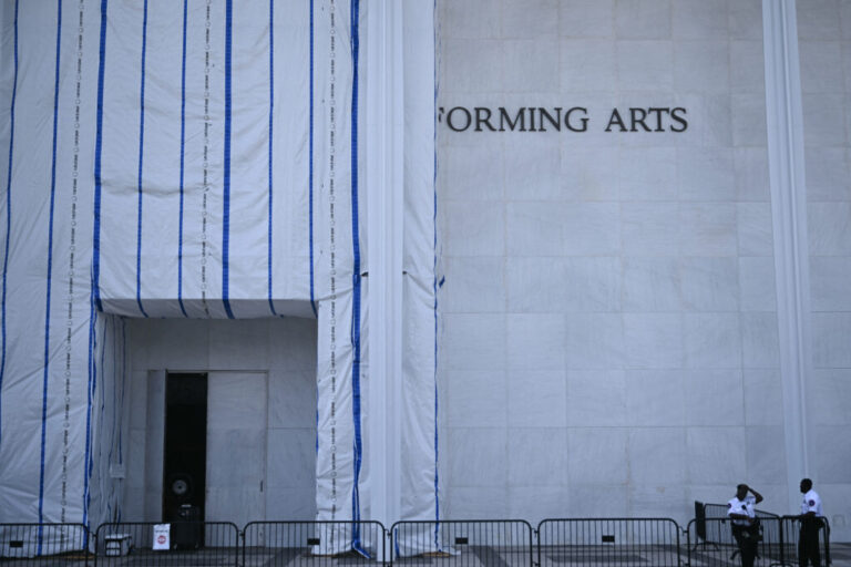 The entrance to the John F. Kennedy Center for the Performing Arts in Washington, D.C. on Aug. 13, still draped with the tarp that has been in place for months.