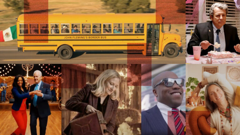 A collage of screenshots highlighting AI-generated footage in political campaign ads including a school bus that says
