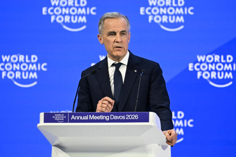 Canada's Prime Minister Mark Carney delivers a speech during the World Economic Forum (WEF) annual meeting in Davos on January 20, 2026.