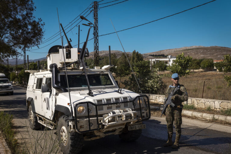A Spanish UNIFIL battalion patrols the Christian village of Ibel al-Saqi, southern Lebanon. UNIFIL has recently resumed patrols in areas of southern Lebanon that had been inaccessible during Israeli military operations.