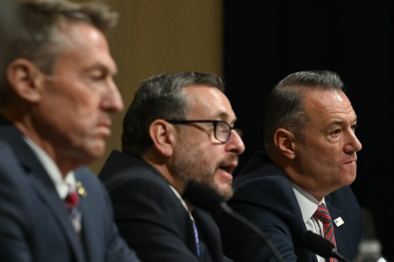 Left to right, Rodney Scott, commissioner of U.S. Customs and Border Protection, Joseph Edlow, director of U.S. Citizenship and Immigration Services, and Todd Lyons, acting director of U.S. Immigration and Customs Enforcement, testify during a House Committee on Homeland Security hearing on Feb. 10, 2026.