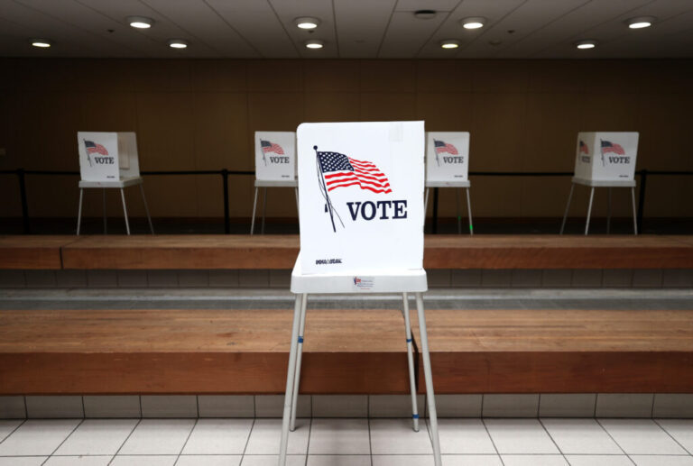 A view of voting booths at the Santa Clara County registrar of voters office in San Jose, Calif.