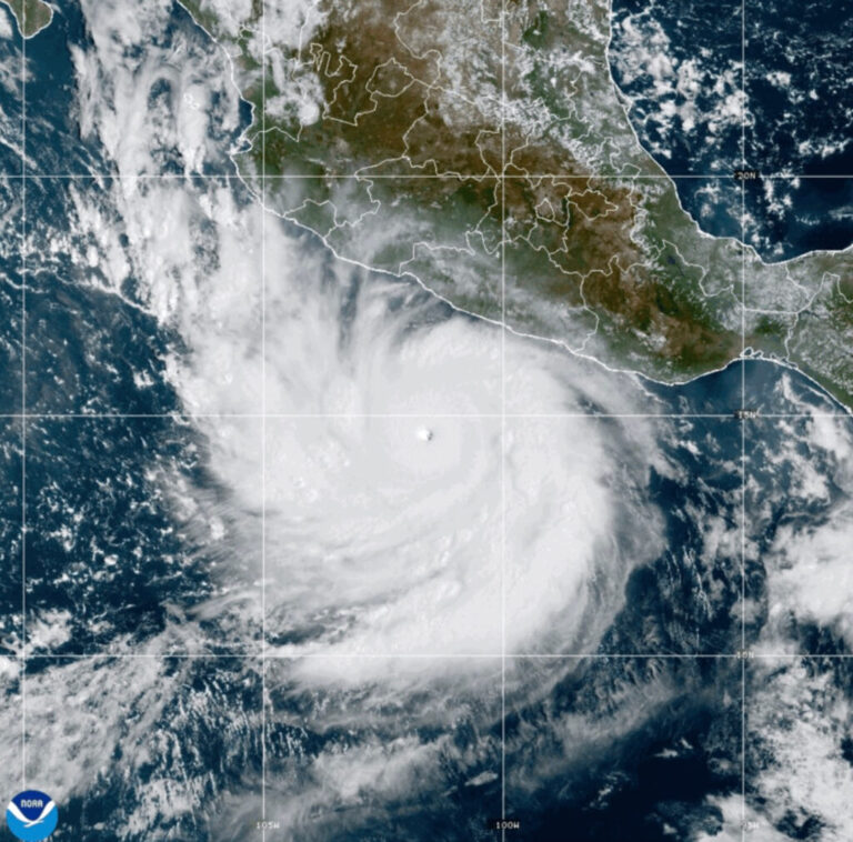 This photo provided by NOAA shows Hurricane Polo strengthening in the Pacific Ocean off the coast of Mexico on Tuesday, Sept. 22, 2026.