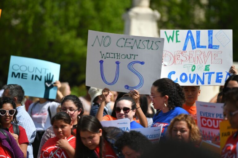Demonstrators rally outside the U.S. Supreme Court in Washington, D.C., in 2019 to protest the first Trump administration’s failed push for a question about a person’s U.S. citizenship status to be added to 2020 census forms.